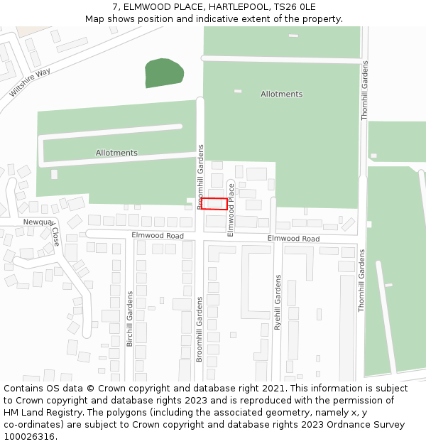 7, ELMWOOD PLACE, HARTLEPOOL, TS26 0LE: Location map and indicative extent of plot