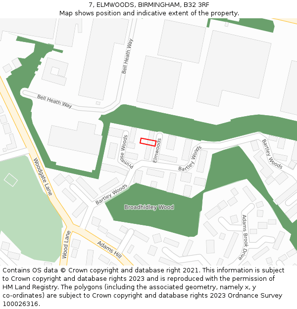 7, ELMWOODS, BIRMINGHAM, B32 3RF: Location map and indicative extent of plot