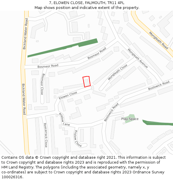 7, ELOWEN CLOSE, FALMOUTH, TR11 4PL: Location map and indicative extent of plot