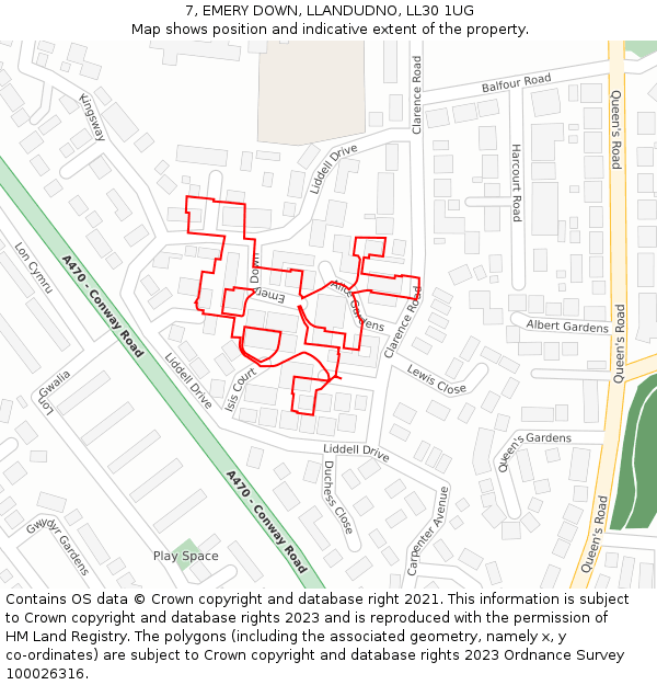 7, EMERY DOWN, LLANDUDNO, LL30 1UG: Location map and indicative extent of plot