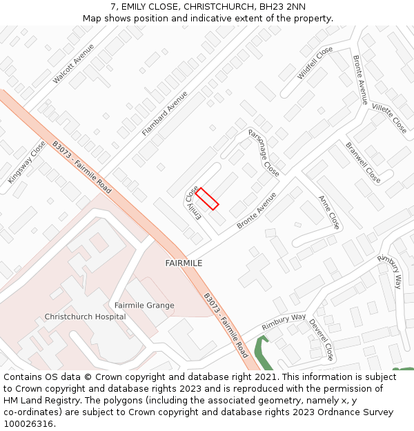 7, EMILY CLOSE, CHRISTCHURCH, BH23 2NN: Location map and indicative extent of plot