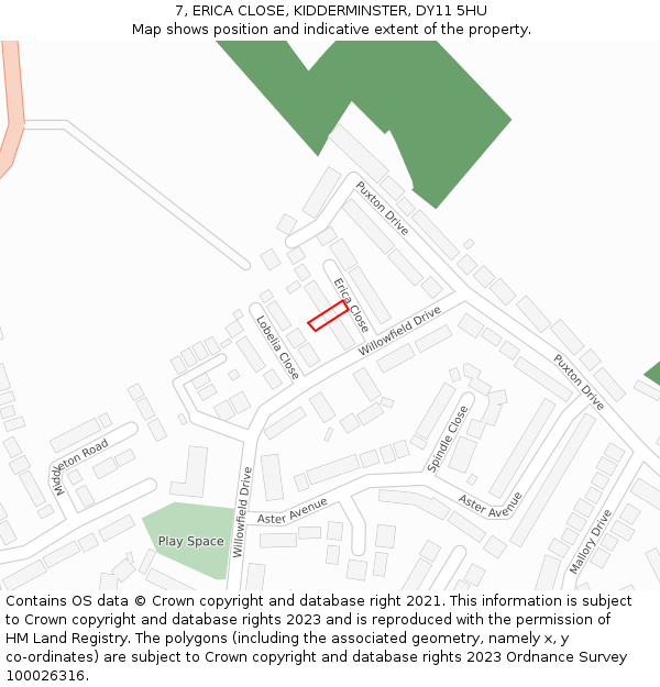 7, ERICA CLOSE, KIDDERMINSTER, DY11 5HU: Location map and indicative extent of plot