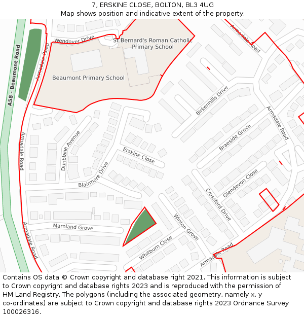 7, ERSKINE CLOSE, BOLTON, BL3 4UG: Location map and indicative extent of plot