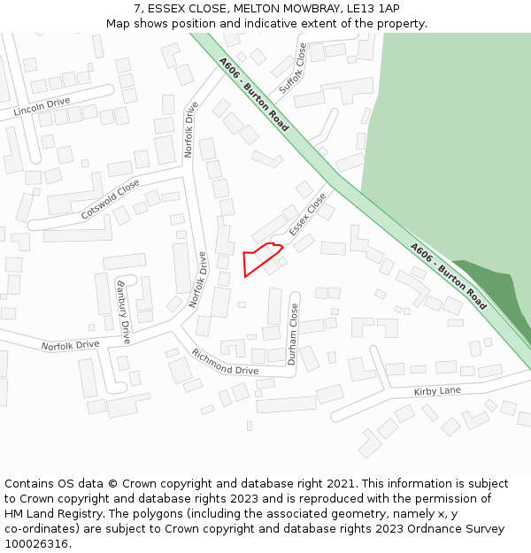 7, ESSEX CLOSE, MELTON MOWBRAY, LE13 1AP: Location map and indicative extent of plot