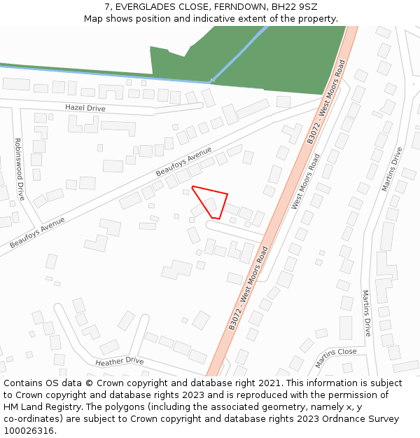 7, EVERGLADES CLOSE, FERNDOWN, BH22 9SZ: Location map and indicative extent of plot