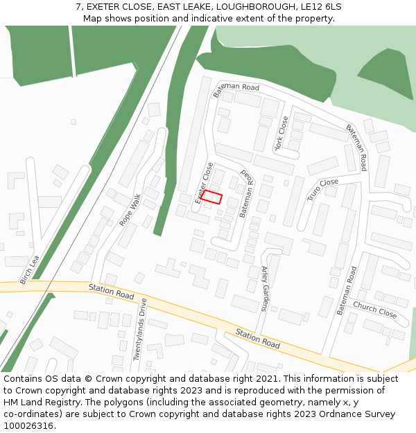 7, EXETER CLOSE, EAST LEAKE, LOUGHBOROUGH, LE12 6LS: Location map and indicative extent of plot