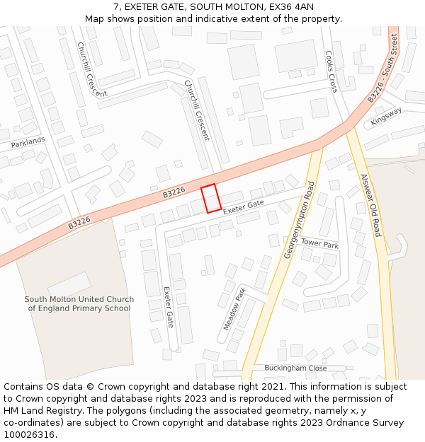 7, EXETER GATE, SOUTH MOLTON, EX36 4AN: Location map and indicative extent of plot