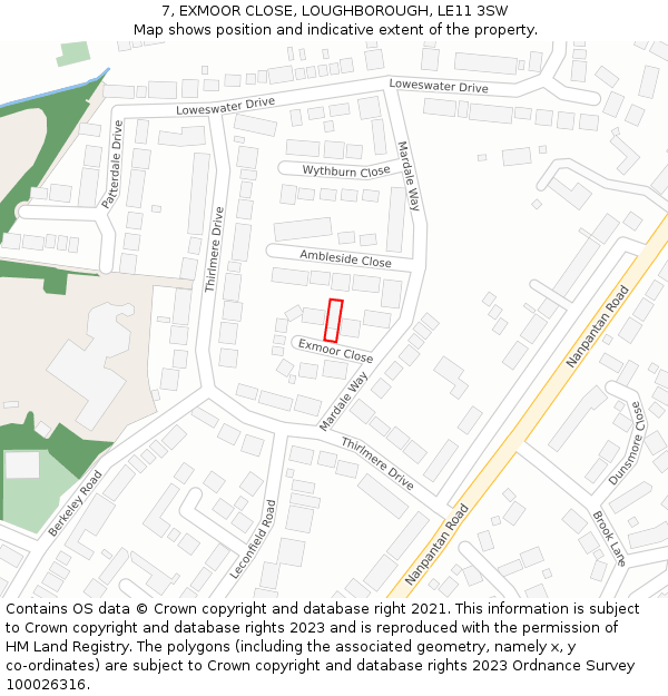 7, EXMOOR CLOSE, LOUGHBOROUGH, LE11 3SW: Location map and indicative extent of plot