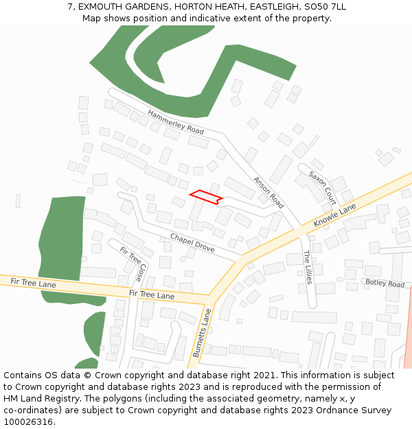 7, EXMOUTH GARDENS, HORTON HEATH, EASTLEIGH, SO50 7LL: Location map and indicative extent of plot