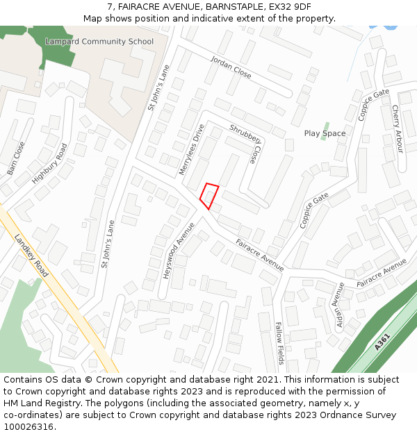 7, FAIRACRE AVENUE, BARNSTAPLE, EX32 9DF: Location map and indicative extent of plot