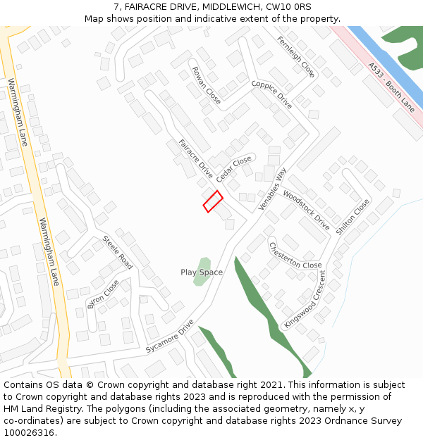 7, FAIRACRE DRIVE, MIDDLEWICH, CW10 0RS: Location map and indicative extent of plot