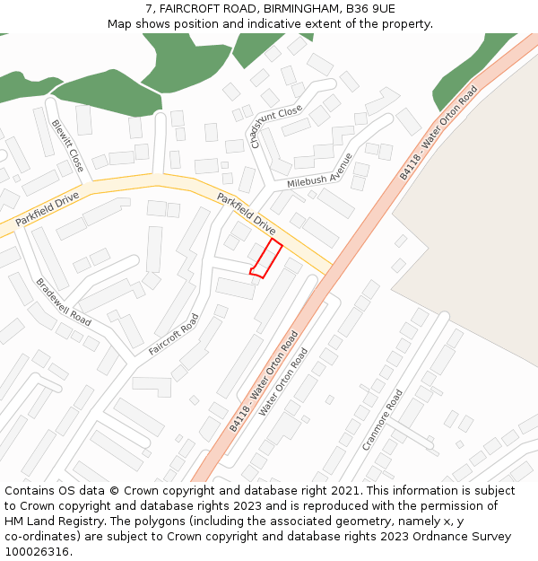 7, FAIRCROFT ROAD, BIRMINGHAM, B36 9UE: Location map and indicative extent of plot