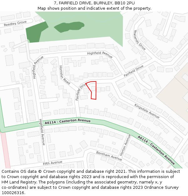 7, FAIRFIELD DRIVE, BURNLEY, BB10 2PU: Location map and indicative extent of plot
