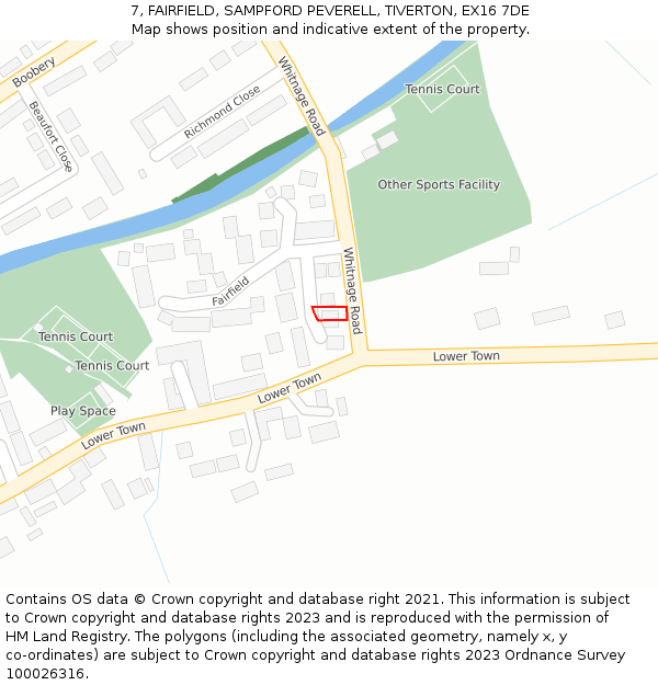 7, FAIRFIELD, SAMPFORD PEVERELL, TIVERTON, EX16 7DE: Location map and indicative extent of plot