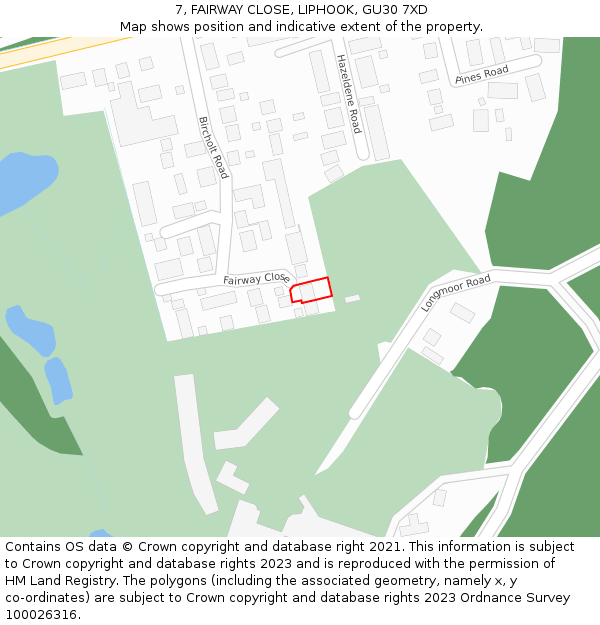 7, FAIRWAY CLOSE, LIPHOOK, GU30 7XD: Location map and indicative extent of plot