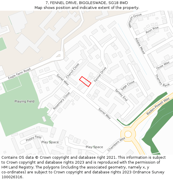 7, FENNEL DRIVE, BIGGLESWADE, SG18 8WD: Location map and indicative extent of plot