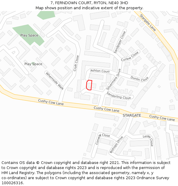 7, FERNDOWN COURT, RYTON, NE40 3HD: Location map and indicative extent of plot
