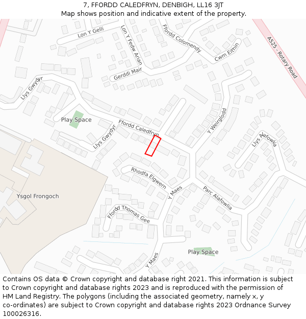 7, FFORDD CALEDFRYN, DENBIGH, LL16 3JT: Location map and indicative extent of plot