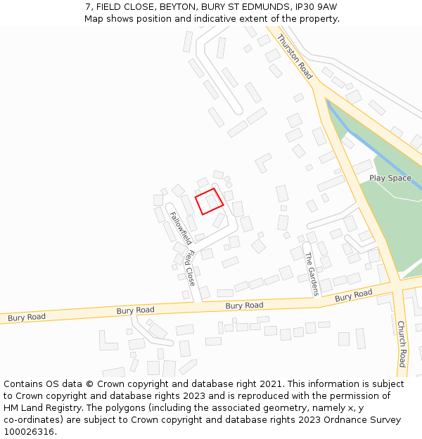 7, FIELD CLOSE, BEYTON, BURY ST EDMUNDS, IP30 9AW: Location map and indicative extent of plot