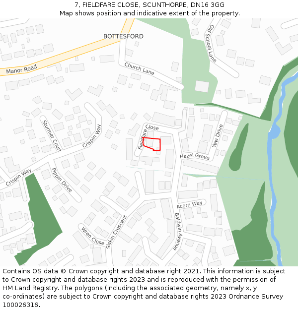 7, FIELDFARE CLOSE, SCUNTHORPE, DN16 3GG: Location map and indicative extent of plot