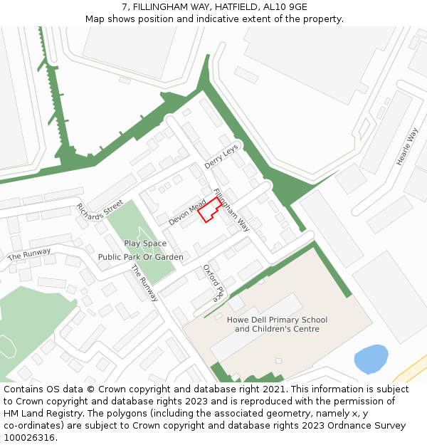 7, FILLINGHAM WAY, HATFIELD, AL10 9GE: Location map and indicative extent of plot