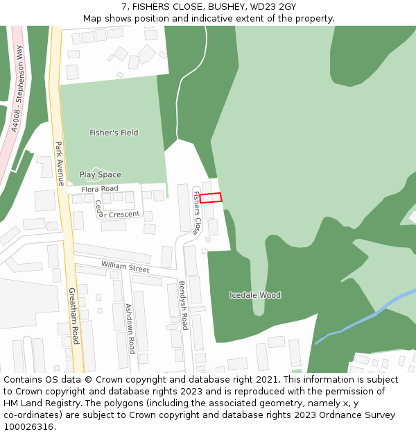 7, FISHERS CLOSE, BUSHEY, WD23 2GY: Location map and indicative extent of plot