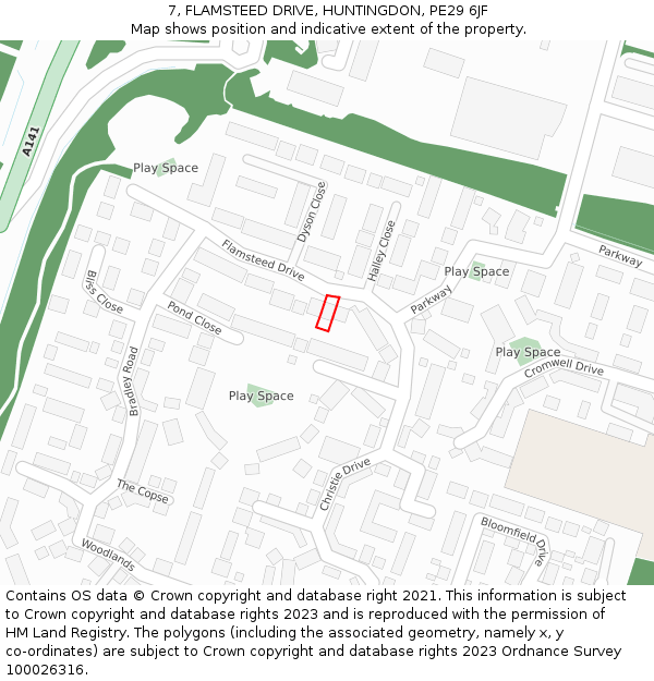 7, FLAMSTEED DRIVE, HUNTINGDON, PE29 6JF: Location map and indicative extent of plot