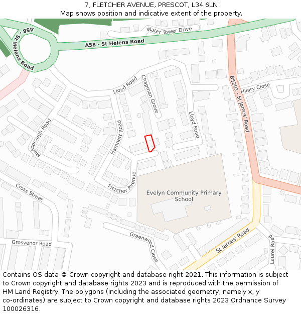 7, FLETCHER AVENUE, PRESCOT, L34 6LN: Location map and indicative extent of plot