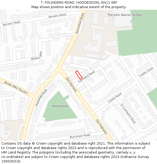 7, FOUNDERS ROAD, HODDESDON, EN11 0EF: Location map and indicative extent of plot