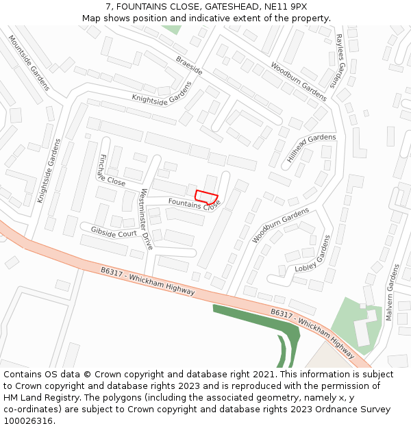 7, FOUNTAINS CLOSE, GATESHEAD, NE11 9PX: Location map and indicative extent of plot