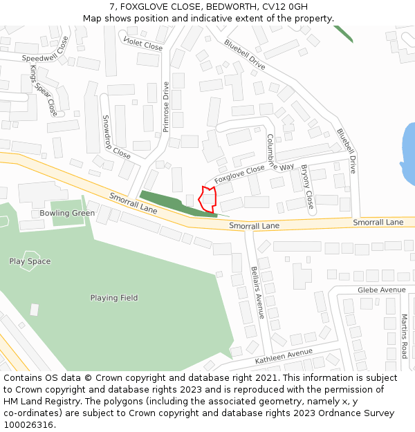 7, FOXGLOVE CLOSE, BEDWORTH, CV12 0GH: Location map and indicative extent of plot