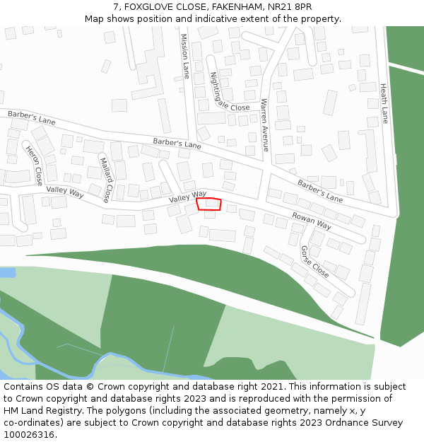 7, FOXGLOVE CLOSE, FAKENHAM, NR21 8PR: Location map and indicative extent of plot