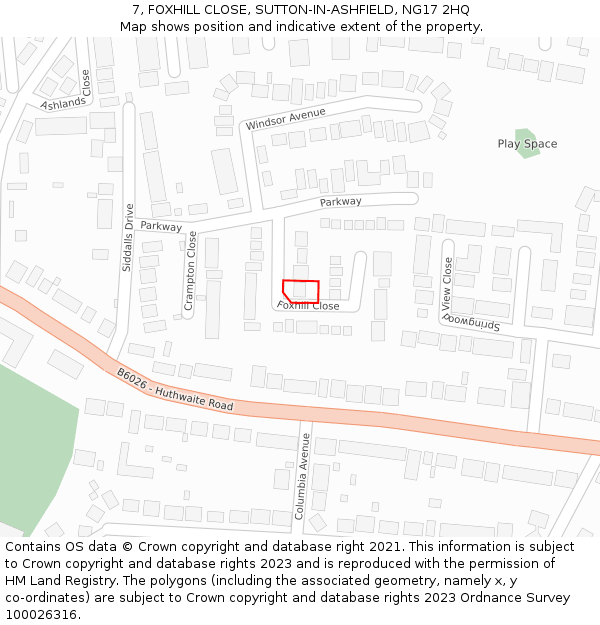 7, FOXHILL CLOSE, SUTTON-IN-ASHFIELD, NG17 2HQ: Location map and indicative extent of plot