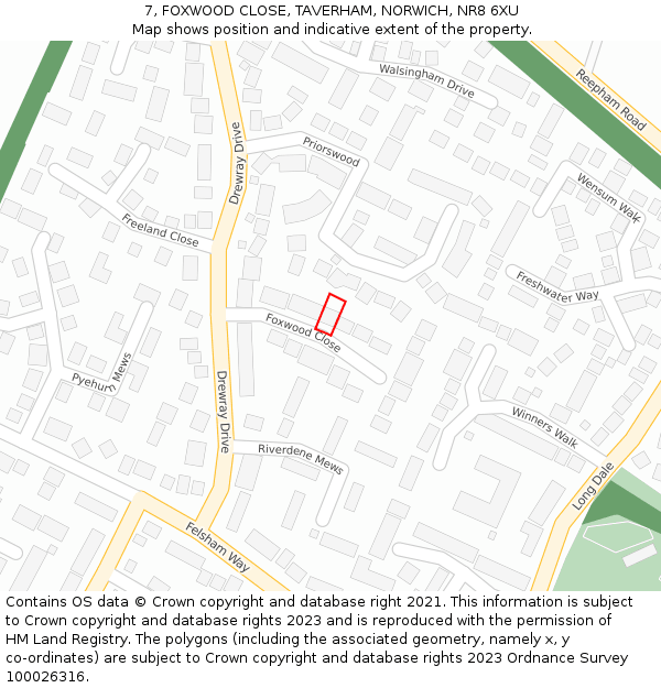 7, FOXWOOD CLOSE, TAVERHAM, NORWICH, NR8 6XU: Location map and indicative extent of plot