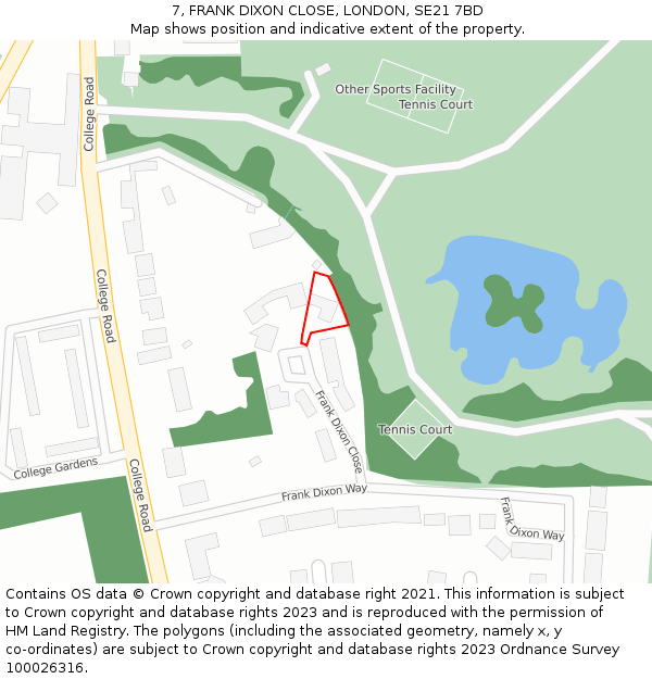 7, FRANK DIXON CLOSE, LONDON, SE21 7BD: Location map and indicative extent of plot