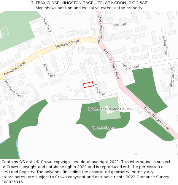 7, FRAX CLOSE, KINGSTON BAGPUIZE, ABINGDON, OX13 5AZ: Location map and indicative extent of plot