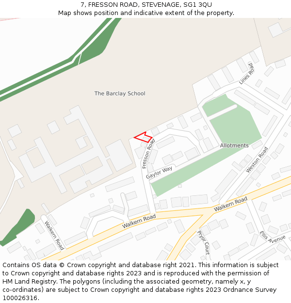 7, FRESSON ROAD, STEVENAGE, SG1 3QU: Location map and indicative extent of plot