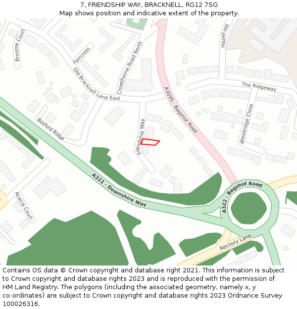 7, FRIENDSHIP WAY, BRACKNELL, RG12 7SG: Location map and indicative extent of plot