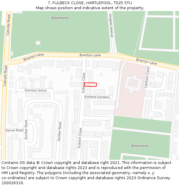 7, FULBECK CLOSE, HARTLEPOOL, TS25 5TU: Location map and indicative extent of plot