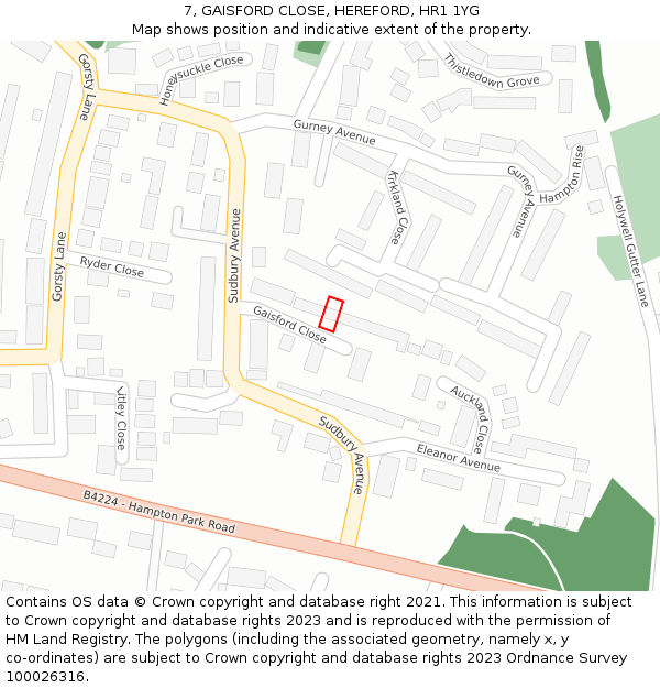 7, GAISFORD CLOSE, HEREFORD, HR1 1YG: Location map and indicative extent of plot