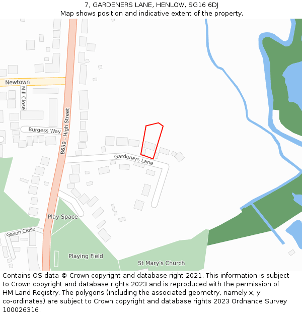 7, GARDENERS LANE, HENLOW, SG16 6DJ: Location map and indicative extent of plot