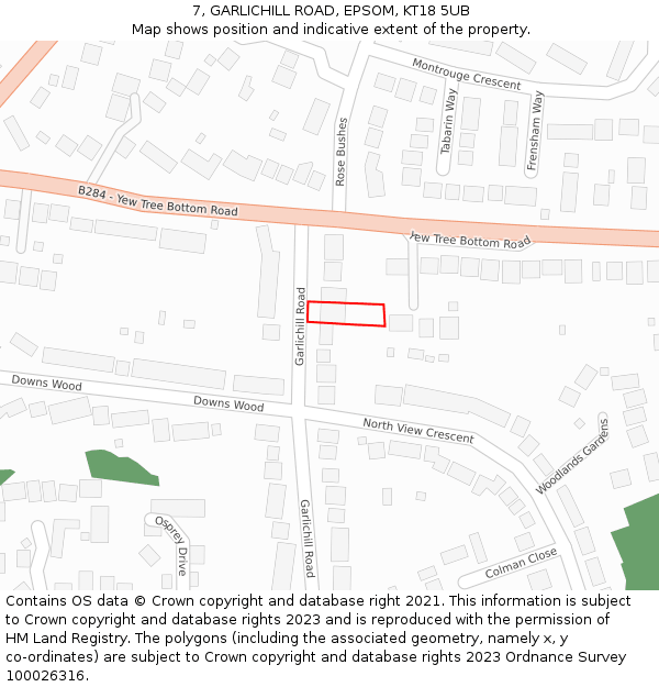 7, GARLICHILL ROAD, EPSOM, KT18 5UB: Location map and indicative extent of plot