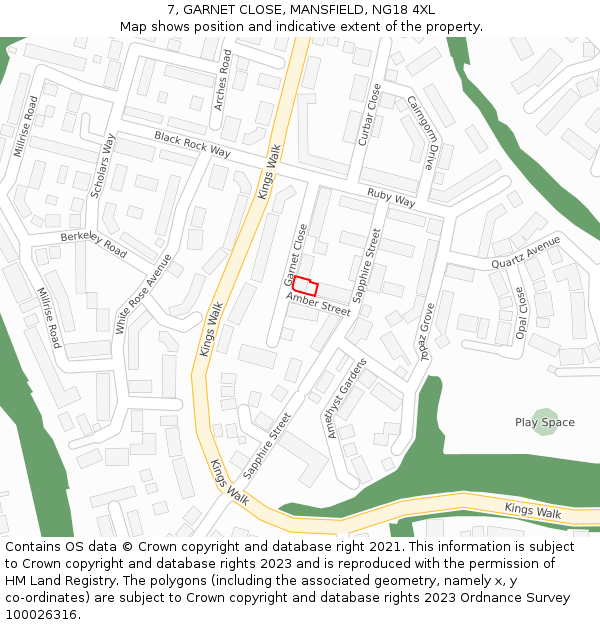7, GARNET CLOSE, MANSFIELD, NG18 4XL: Location map and indicative extent of plot