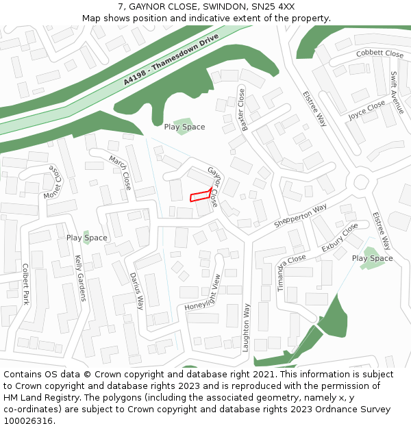 7, GAYNOR CLOSE, SWINDON, SN25 4XX: Location map and indicative extent of plot