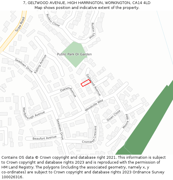 7, GELTWOOD AVENUE, HIGH HARRINGTON, WORKINGTON, CA14 4LD: Location map and indicative extent of plot