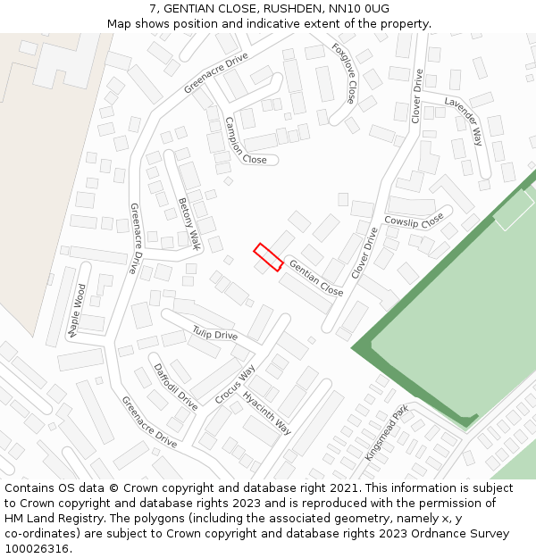 7, GENTIAN CLOSE, RUSHDEN, NN10 0UG: Location map and indicative extent of plot