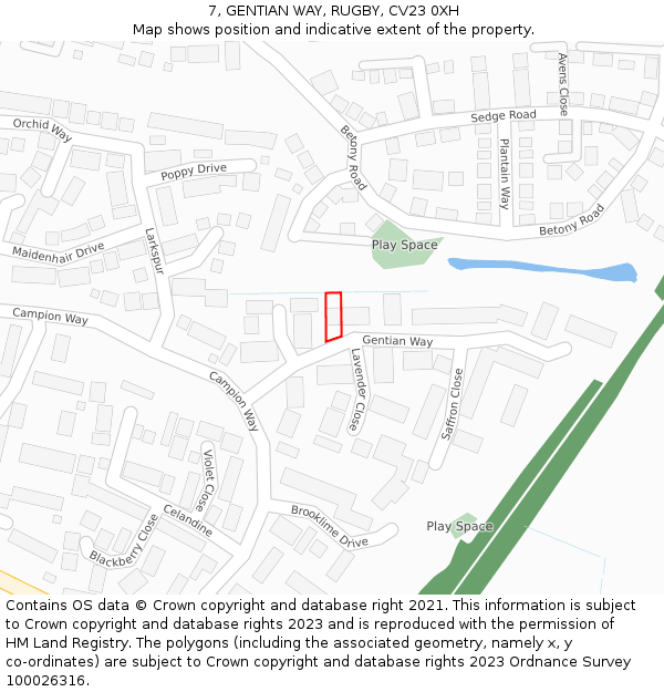 7, GENTIAN WAY, RUGBY, CV23 0XH: Location map and indicative extent of plot