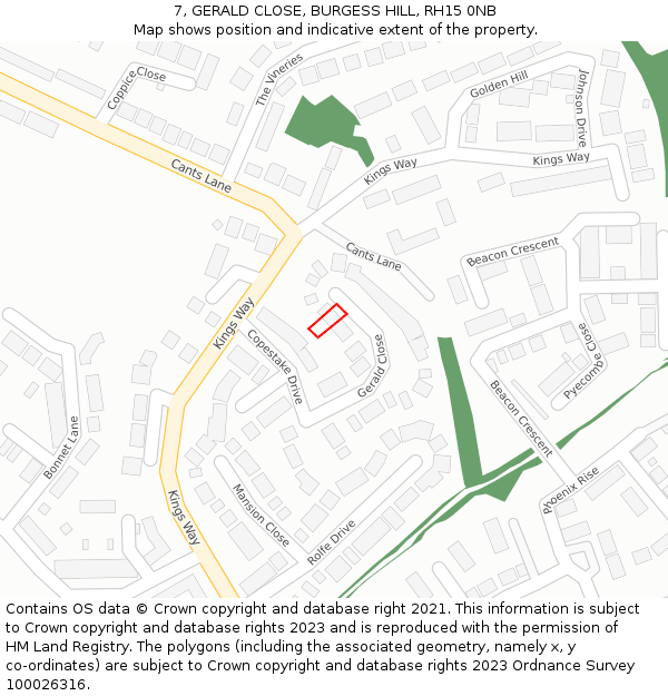 7, GERALD CLOSE, BURGESS HILL, RH15 0NB: Location map and indicative extent of plot