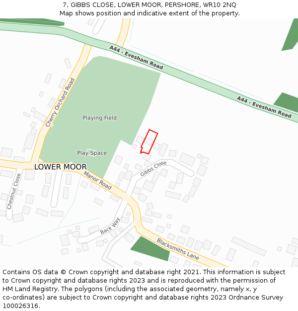 7, GIBBS CLOSE, LOWER MOOR, PERSHORE, WR10 2NQ: Location map and indicative extent of plot