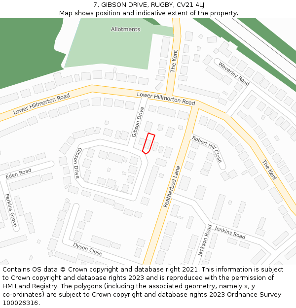 7, GIBSON DRIVE, RUGBY, CV21 4LJ: Location map and indicative extent of plot